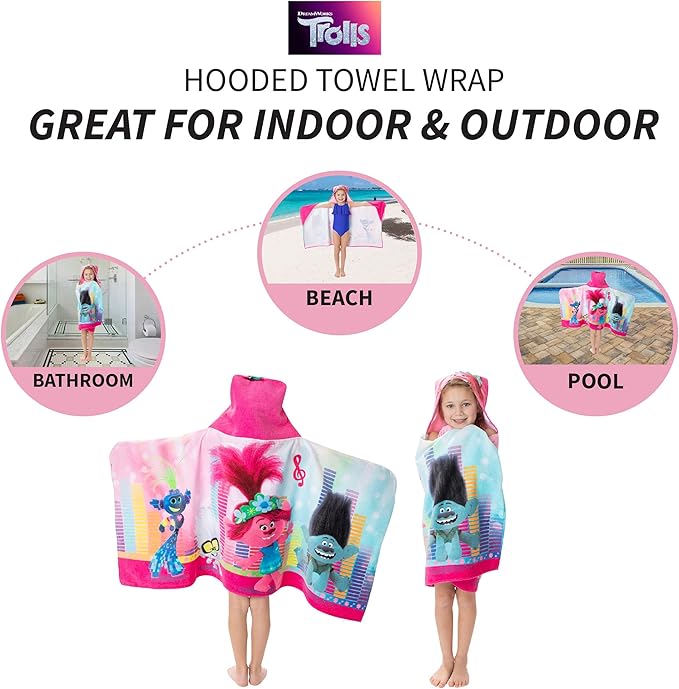 Trolls World Tour Bath/Pool/Beach Soft Cotton Terry Hooded Towel Wrap, 24" x 50", By Franco Kids