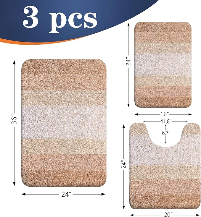 OLANLY Bathroom Rugs Sets 3 Piece, Soft Absorbent Microfiber Bath Mats and U-Shaped Contour Toilet Rug, Plush Shaggy Bath Mat Set for Bathroom (36"x24"+24"x16"+24"x20", Beige)