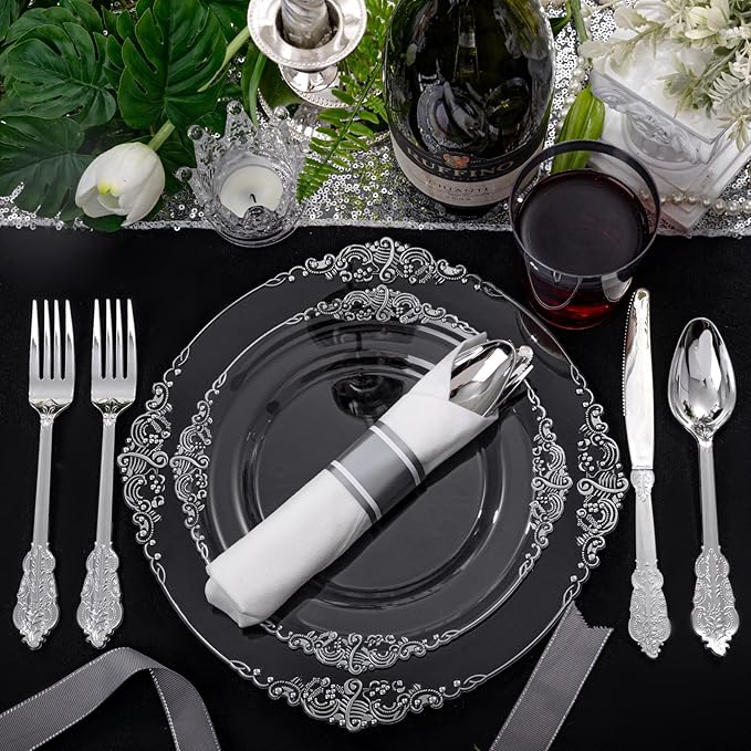 Morejoy 350PCS Clear Silver Plastic Plates - Silver Disposable Plates sets Include 50 Dinner Plates,50 Salad Plates,50 Forks,50 Knives, 50 Spoons，50 Cups, 50 Rolled Napkins for Wedding & Christmas