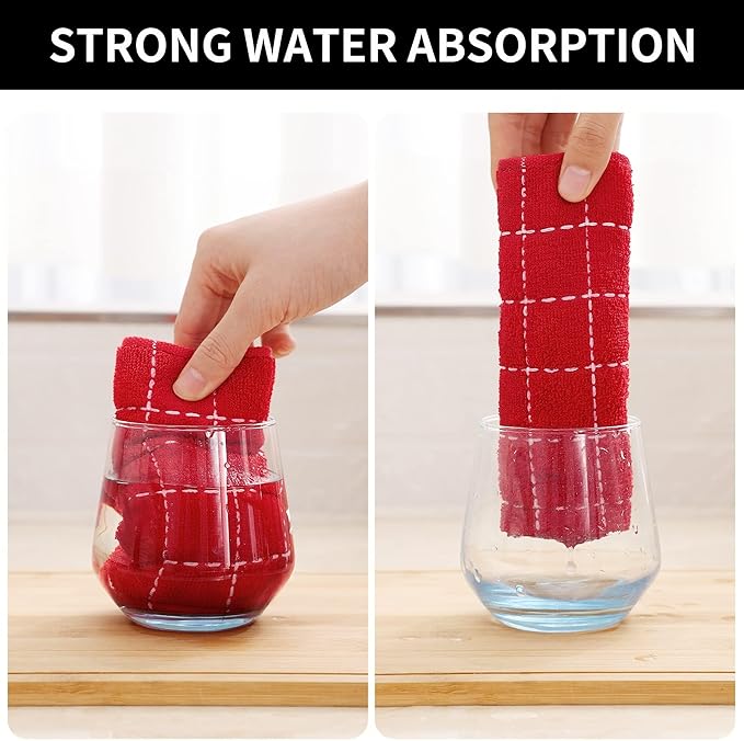 Homaxy 100% Cotton Terry Kitchen Towels(Red, 13 x 28 inches), Checkered Designed, Soft and Super Absorbent Dish Towels, 12 Pack