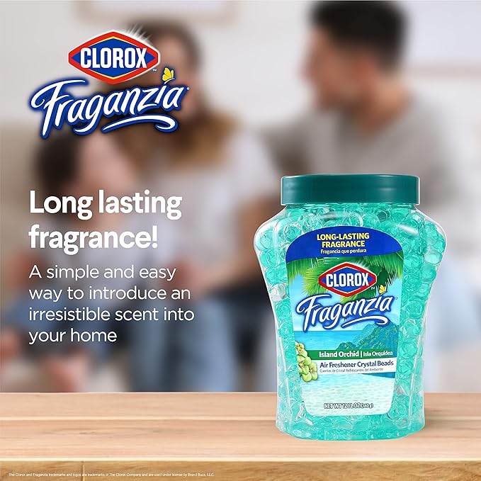 Clorox Fraganzia Crystal Beads Air Freshener Twin Pack, Long Lasting Room Deodorizer and Odor Eliminator Gel Beads for Home, Car, or Office, Island Orchid Scent, 24 Fl Oz