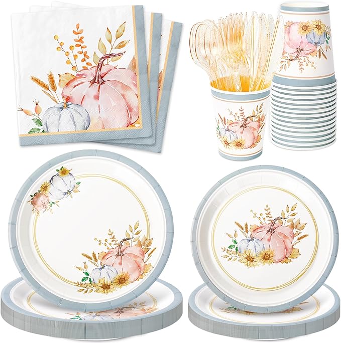 JarThenaAMCS Fall Party Supplies Kit Serves 25 Pink Blue Pumpkin Paper Plates Napkins Cups Plastic Knives Forks Spoons for Autumn Thanksgiving Wedding Birthday Baby Shower, 175Pcs
