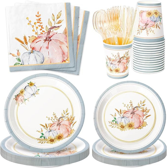 JarThenaAMCS Fall Party Supplies Kit Serves 25 Pink Blue Pumpkin Paper Plates Napkins Cups Plastic Knives Forks Spoons for Autumn Thanksgiving Wedding Birthday Baby Shower, 175Pcs