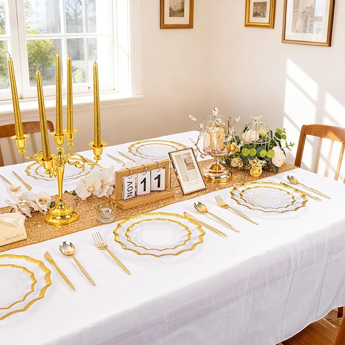 DaYammi 60Pcs Clear Plastic Plates with Gold Rimmed - Gold Disposable Plates Set Including 30pcs Dinner Plates,30pcs Dessert Plates with Radial Texture for Party & Wedding