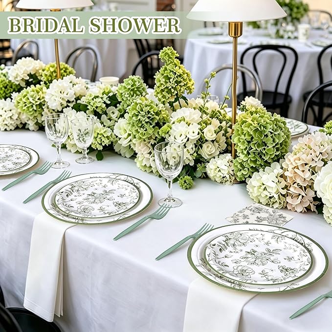 100 Pcs Green and White Floral Party Supplies for 25 Guests, Heavy-Duty 7" & 9" Paper Plates, 2-Ply 13" Napkins & Plastic Forks, Disposable Tableware Set for Bridal Baby Shower and Tea Party