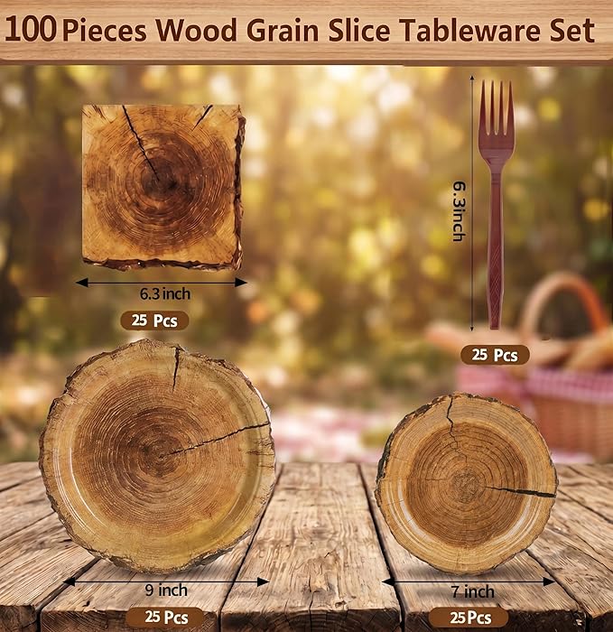 100 Pcs Rustic Wood Grain Slice Party Supplies for 25 Guests, Heavy-Duty 7" & 9" Paper Plates, 2-Ply 13" Napkins & Plastic Forks, Disposable Tableware Set for Camping Forest Woodland Party