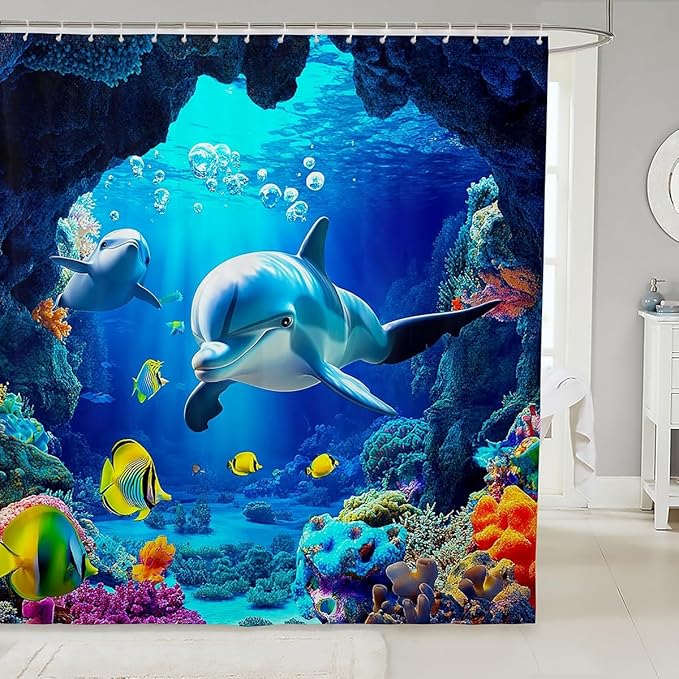 3D Dolphin Bathtubs Shower Curtain Set 72"Wx84"L, Coral Sealife Shower Curtain for Kids Child Boys, 3D Nautical Sea Animal Bath Curtain, Blue Ocean Fish Bathroom Accessories Marine Life Toilet Decor