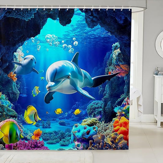 3D Dolphin Bathtubs Shower Curtain Set 72"Wx84"L, Coral Sealife Shower Curtain for Kids Child Boys, 3D Nautical Sea Animal Bath Curtain, Blue Ocean Fish Bathroom Accessories Marine Life Toilet Decor