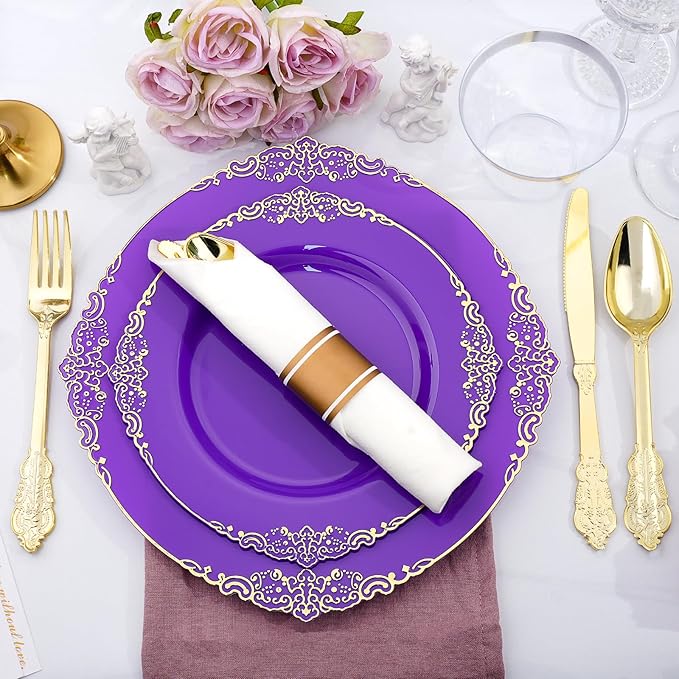 Realluck 350 PCS Purple and Gold Plastic Plates, Plastic Dinnerware Set for 50 Guests, 100 Disposable Plates, 150 Silverwares, 50 Cups, 50 Napkins for Party, Wedding, Graduation