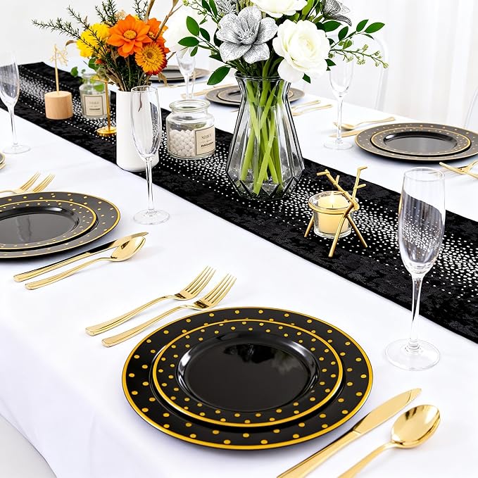DaYammi 200Pcs Gold and Black Plastic Plates with Silverware,Black Disposable Plates for Party Black Gold Supplies Includes 40 Dinner Plate,40 Dessert Plate,40 Forks,40 Knives,40 Spoons for Party