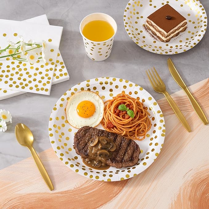 Fijinhom White and Gold Dot Paper Plates Set, 175 PCS Party Supplies, Disposable Dinnerware Set for 25 Guests, Gold Dot Paper Plates Napkins Cups Gold Plastic Forks Knives Spoons for Christmas