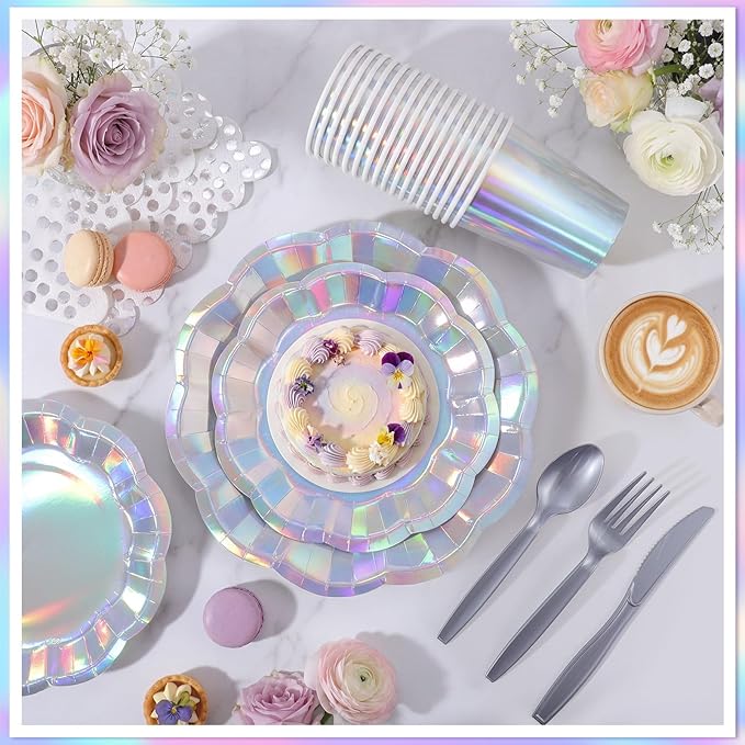 175 Pcs Iridescent Plates and Napkins Set, 25 Guest Iridescent Party Supplies Include Scalloped Plate Napkin Cup Forks Knives Disposable Plastic Cutlery for Birthda Bridal Wedding Disco