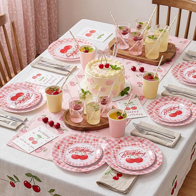 Liacere 32PCS Cherry Birthday Party Plastic Plates for 16 Guests - Includes 10 Inch Dinner and 7 Inch Dessert Disposable Plates - Red Gingham & Cherry Pattern - Ideal for Birthday Party