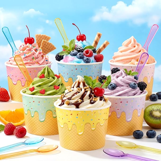 Jingmore 60 Set Paper Ice Cream Cups Bulk with Spoons 6 oz Disposable Sundae Bowls Colorful Paper Dessert Cups Containers for Snack Yogurt Soup Summer Bar Party Supplies