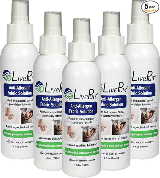 LivePure Anti-Allergen 3 OZ Fabric Spray for Household Surfaces. Plant-Based Allergy Spray for Dust Mites and Pet Dander. Fragrance Free - 5 Pack