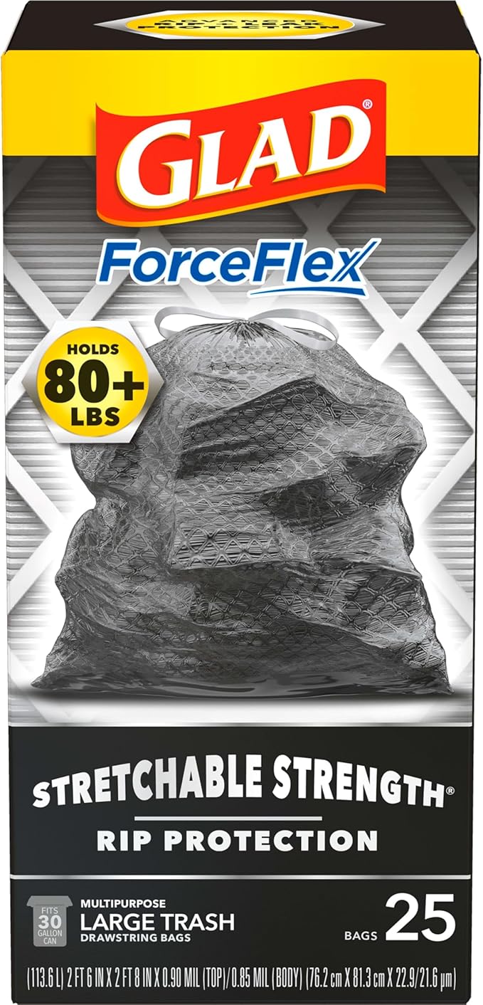 Glad ForceFlex Heavy Duty Large Trash Bags, Hold 80+ lb, 30 Gal, 25 Count, (Pack of 2), (Package May Vary)