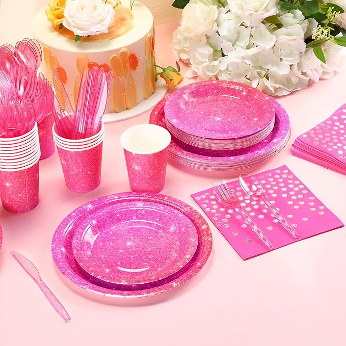 Hushee 175 Pcs Hot Pink Holographic Print Party Supplies Guests Disposable Dinnerware Set Include Paper Plates, Napkins, Cups, Plastic Cutlery for Wedding Birthday Disco Bachelorette