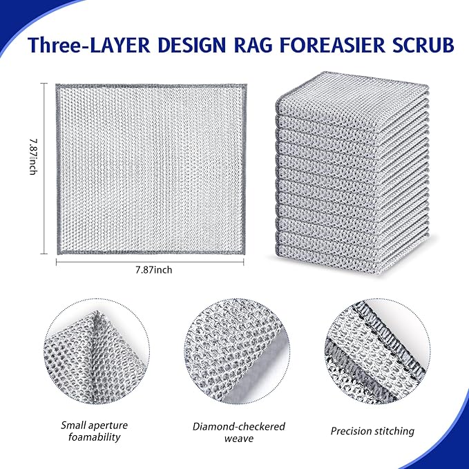 Wangjinpeng 50 Pcs New Upgrade 3-Layer Metal Dish Cloths, Non-Scratch Odor-Free Multipurpose Wire Dishwashing Rags for Wet Dry Use, Kitchen Cleaning Cloths for Dishes, Sinks & Stove Tops(7.87X7.87)