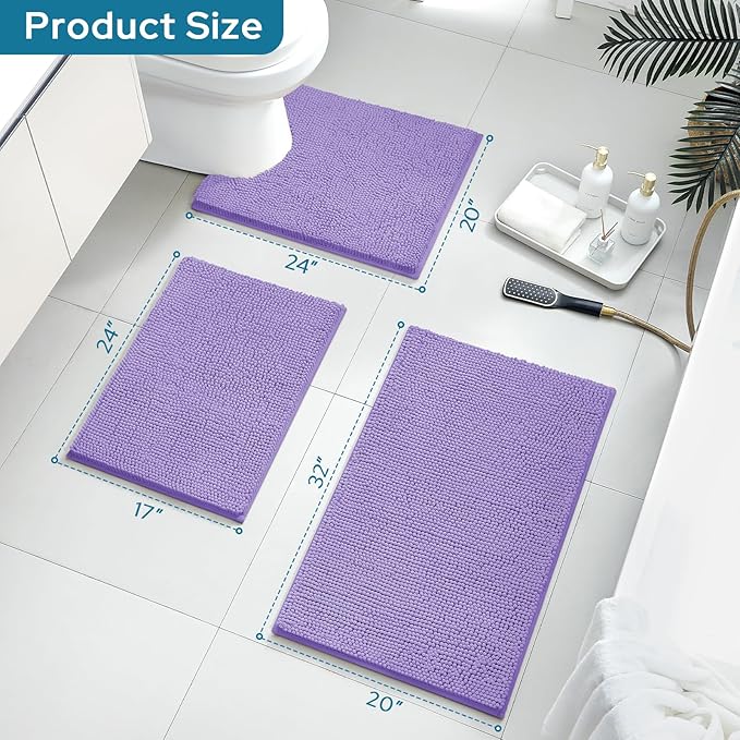 BYSURE Lavender Bathroom Rugs Sets 3 Piece Non Slip Extra Absorbent Plush Chenille Soft Washable Bath Mats
