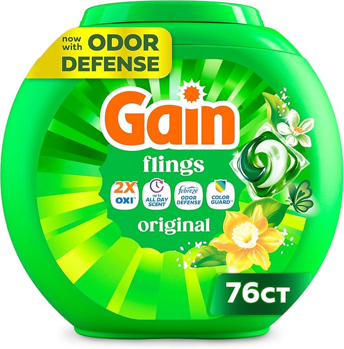 Gain Flings Liquid Washing Detergent Pacs, Now with Odor Defense + Color Guard, Original Scent, 4-In-1 Liquid Laundry Detergent Pods, Clean & Fresh, 76 Count (Packaging May Vary)