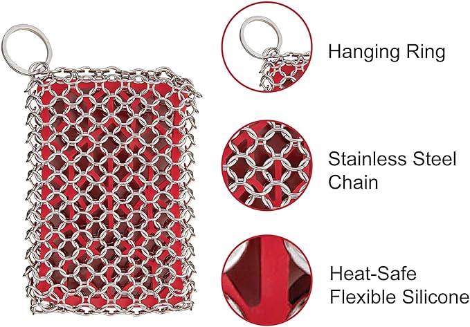 HIC Kitchen Chainmail Cast Iron Scrubber, 18/8 Stainless Steel and Silicone