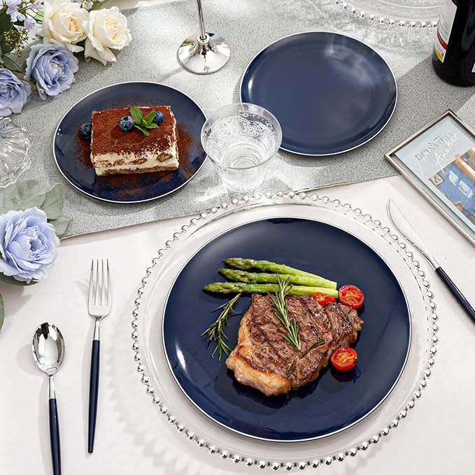KIRE 175Pcs Blue Plastic Plates with Silver Rim & Disposable Silverware with Blue Handle & Silver-rim Cups & Hand Napkin & Plastic Dinnerware for Parties/Wedding/Graduation/Memorial Day/Father's Day