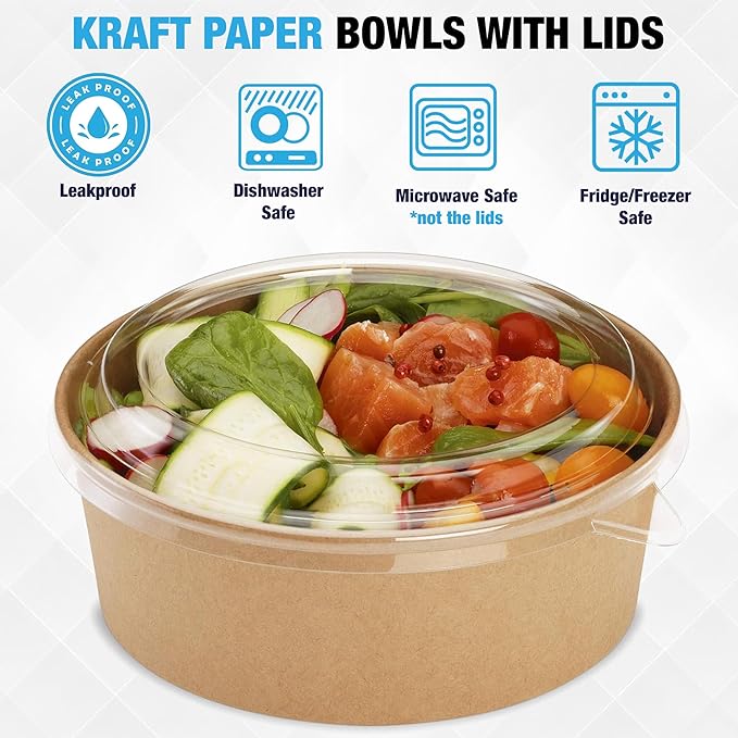 Ruthy's Outlet Kraft Salad Bowls W/Clear Lids – Disposable Paper Salad Containers, Eco-Friendly | Leak-Resistant | Microwave Safe – Ideal for Meal Prep, To-Go Orders & Catering (100, 32 oz)