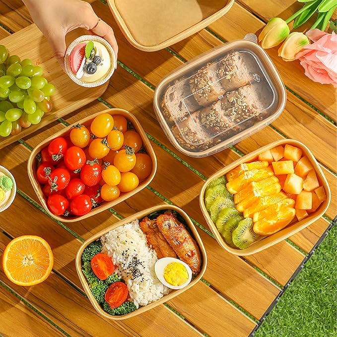 50-Pack 29oz Disposable Kraft Paper Bowls【with Lids and Forks】,Meal Prep Containers Disposable Togo Food Deli Containers for Restaurant Supplies Take Out Containers, Microwave Safe for Hot/Cold Food