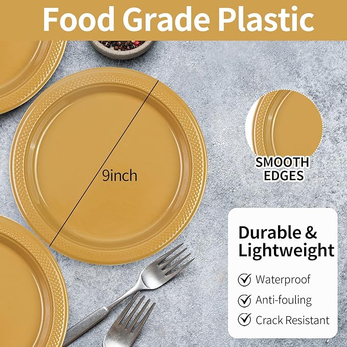 50 Count Gold Plastic Plates, 9 Inch Disposable Dinner Plates Party Plates for Birthday Wedding Party Supplies Dessert Plates (Gold, 9 Inch)