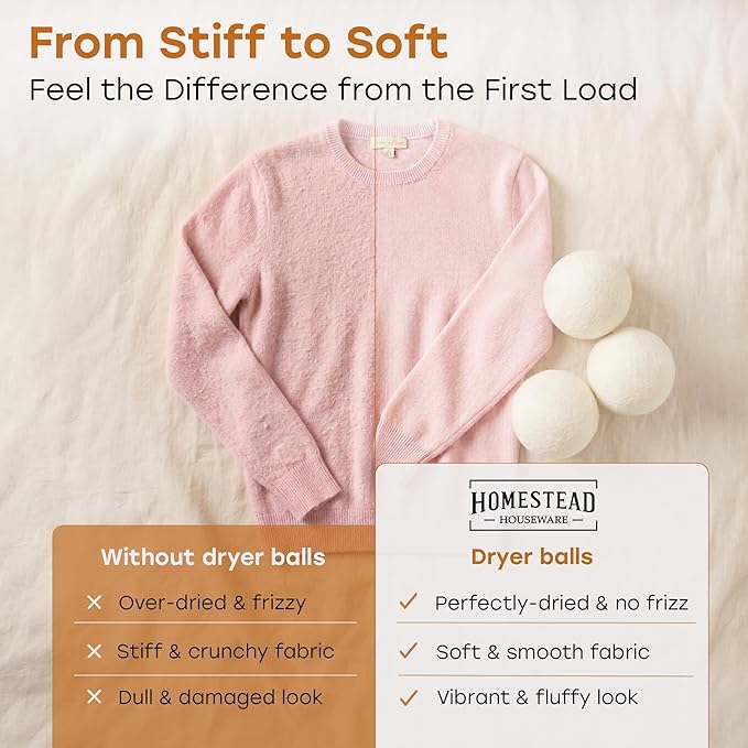XL Wool Dryer Balls 6-Pack – 100% New Zealand Wool, Natural Fabric Softener & Static Reducer, Reusable Laundry Balls for Pet Hair, Eco-Friendly Dryer Sheets Alternative