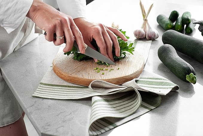 Pure Linen Kitchen Tea Towels - 100% Flax Linen Dish Towels 17 x 27 inch with Olive Green French Country Stripes - Flax Hand Towels - Set of 2