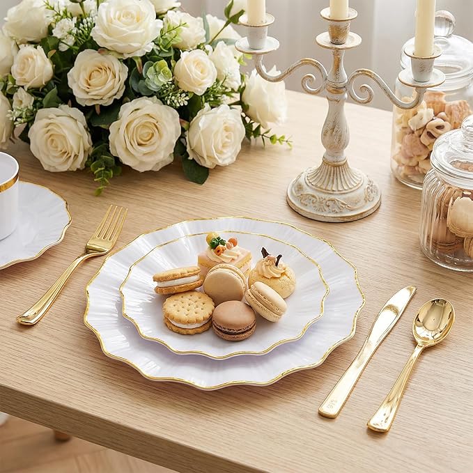 U-QE 150PCS White and Gold Plastic Plates with Gold Disposable Silverware for 30 Guests, Vintage White Plastic Plates Include 30 Dinner Plate,30 Dessert Plate,90 Cutlery for Bridal Shower, Party