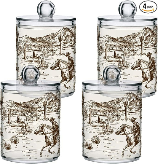 Blueangle 4 Pack Western Desert Cowboy Qtip Holder Dispenser for Cotton Ball, Cotton Swab - Plastic Apothecary Jar Set for Bathroom Canister Storage Organization