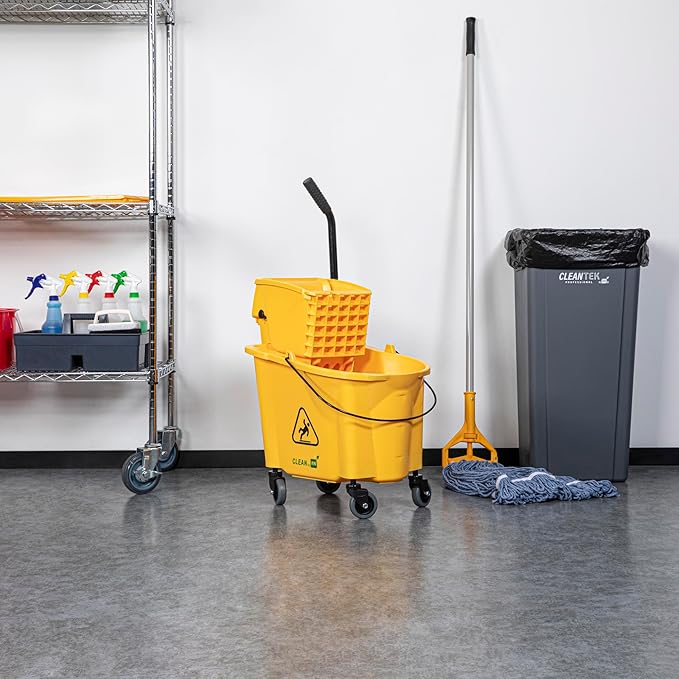 Restaurantware RW Clean 38 Quart Industrial Mop Bucket 1 Combo Mop Wringer Bucket - With Side Press Wringer Built-In Casters Yellow Plastic Commercial Mop Bucket Carry Handle For Commercial Use