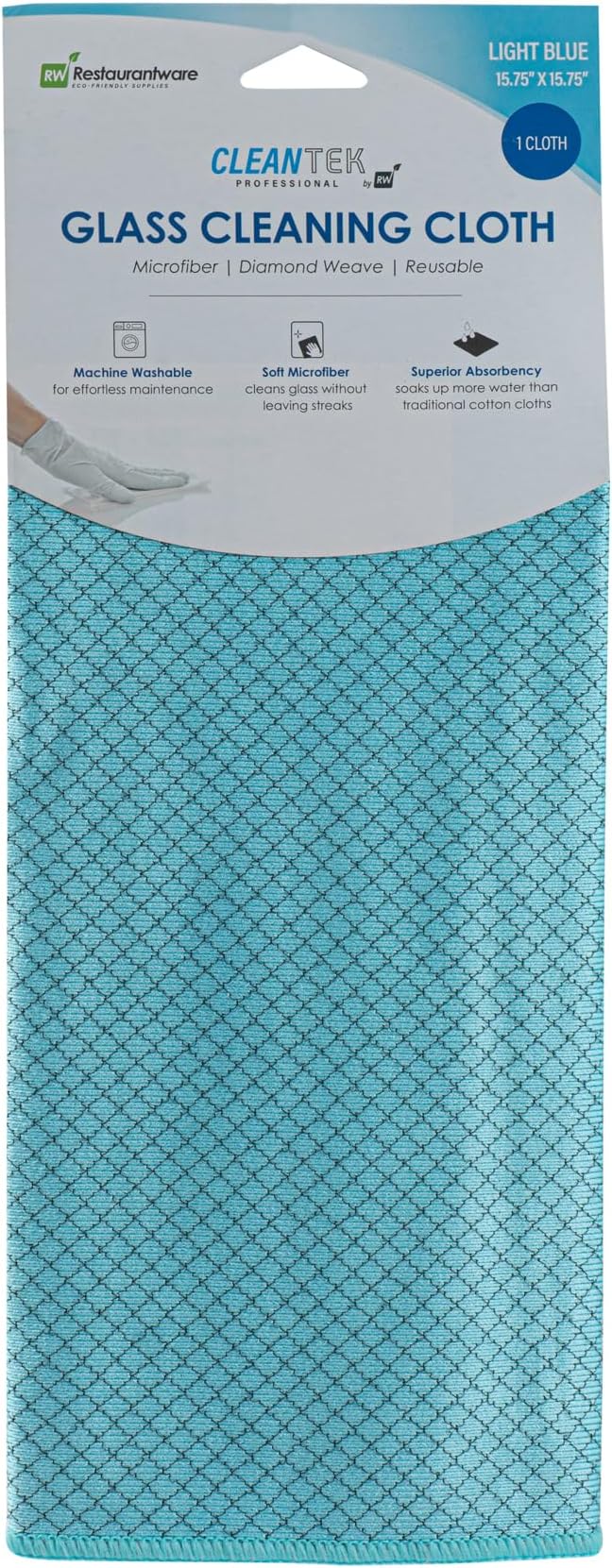 Restaurantware - Clean Tek Professional 15.7 x 15.7 Inch Glass Cleaning Cloth, 1 Reusable Cleaning Cloth - Diamond Weave, Dual Side, Light Blue Microfiber Absorbent Cleaning Cloth, for Quick Cleaning