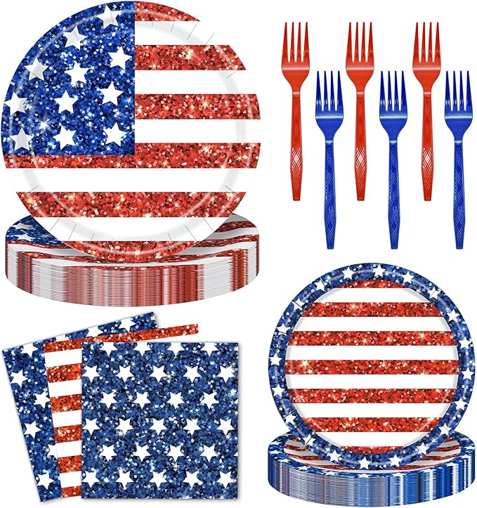 96 Pieces American Flag Patriotic Plates and Napkins Tableware Set - 4th of July Disposable Paper Plates, Napkins and Forks for Independence Day Memorial Day Veterans Day Party Decorations