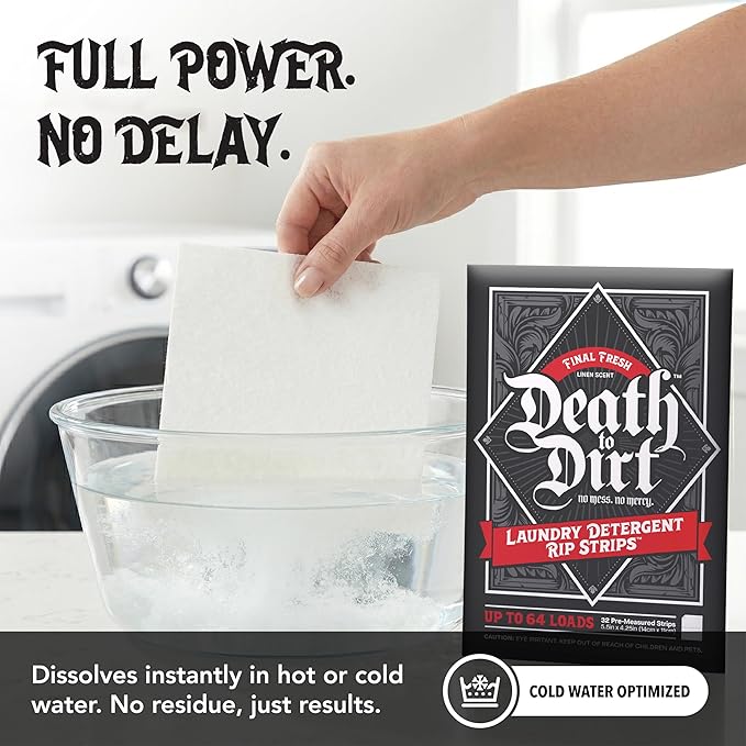 Death to Dirt Laundry Detergent Sheets, 64 Loads, Tough on Stains and Odors, Gentle on Skin and Fabric, Plant-Based & Eco-Friendly, Final Fresh Linen Scent, 32ct
