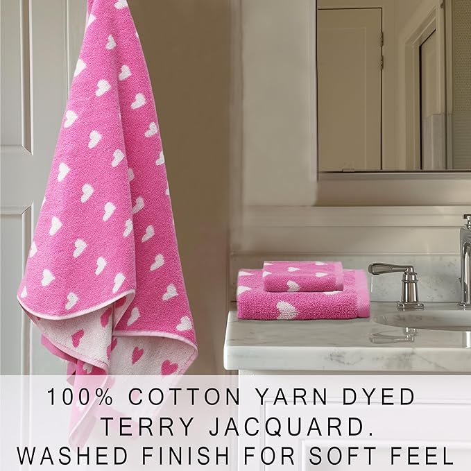 ORIGINAL KIDS 6 Piece Towel Set - Bath Time Hearts - 2 Bath Towels, 2 Hand Towels, 2 Washcloths - 100% Cotton Jacquard Colorful Soft Absorbent Pool Beach Kids Towel Gift - Pink White