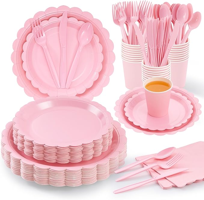 Fijinhom Pink Paper Plates Set, 175 PCS Party Supplies, Disposable Dinnerware Set for 25 Guests, Pink Paper Plates Napkins Cups Plastic Forks Knives Spoons for Christmas