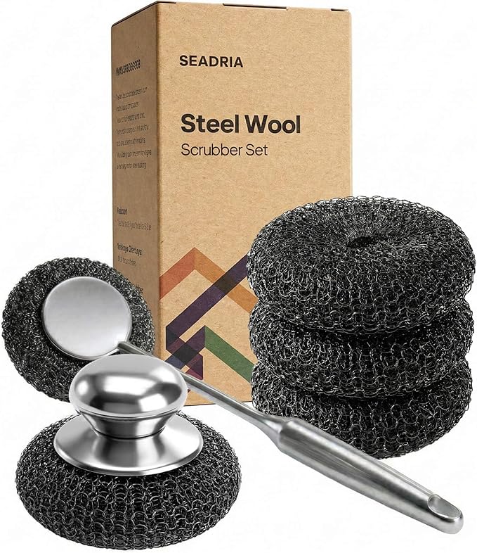 5 Pack Stainless Steel Wool Scrubber Set - Heavy Duty Metal Sponge Scouring Pad for Cast Iron Skillet,Grill,Pots,Cookware,Dish - Include Short & Long Handle & 3 Pads Protects Hands & Nails