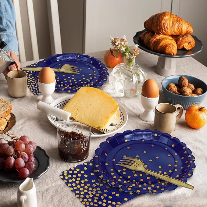 Navy Blue and Gold Paper Plates and Napkins,7 Inch Navy Blue and Gold Scalloped Disposable Dessert Plates Paper Napkin Fork Party Supplies for Wedding Baby Shower Birthday(25 Guest)