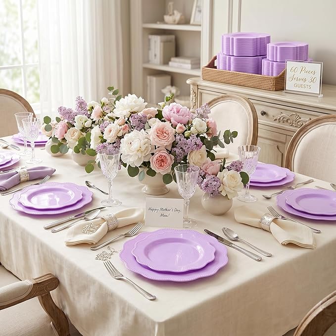 COLOSUS 60Pcs Lavender Purple Plastic Plates set,Heavy Duty Purple Disposable Plates include 30 Dinner plate 10.5” and 30 Salad/Dessert Plate 8.25” for Party and wedding