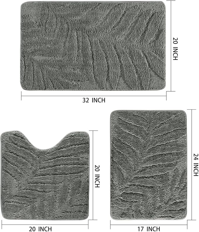 Bath Rugs Set 3 Pieces Bathroom Mat Soft Absorbent Plush Shaggy Soft Floor Non Slip Shower Bath Tub Machine Washable (Moss-Leaf, 20"x32"/20"x20"/17"x24")