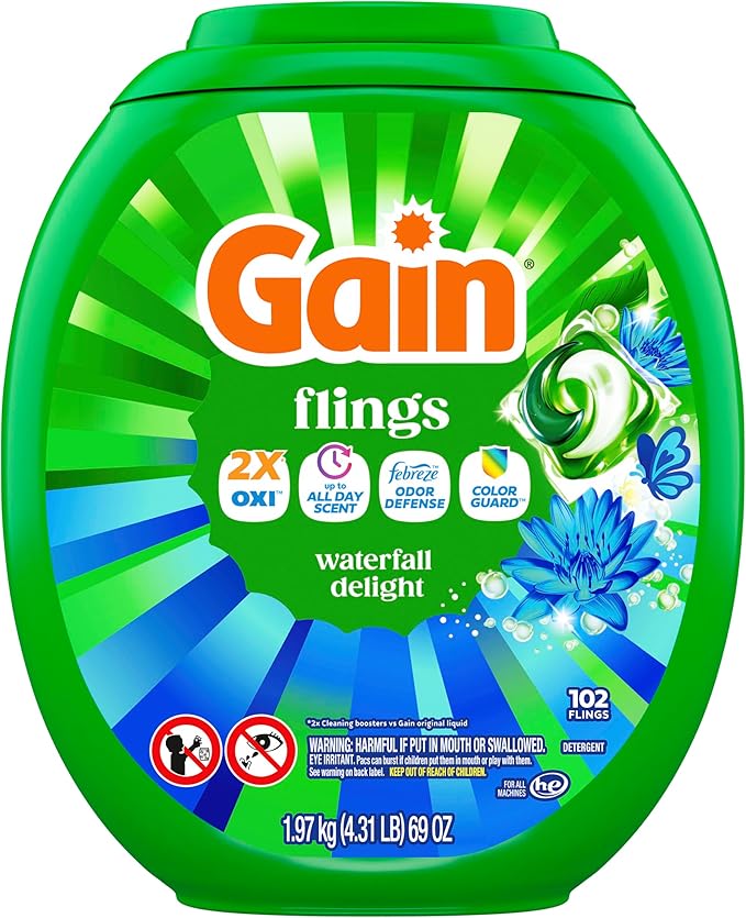 Gain Flings Ultra Oxi Laundry Detergent Pods, Odor Defense + Color Guard, Waterfall Delight Scent, concentrated laundry soap pacs, 102 Count (Packaging May Vary)