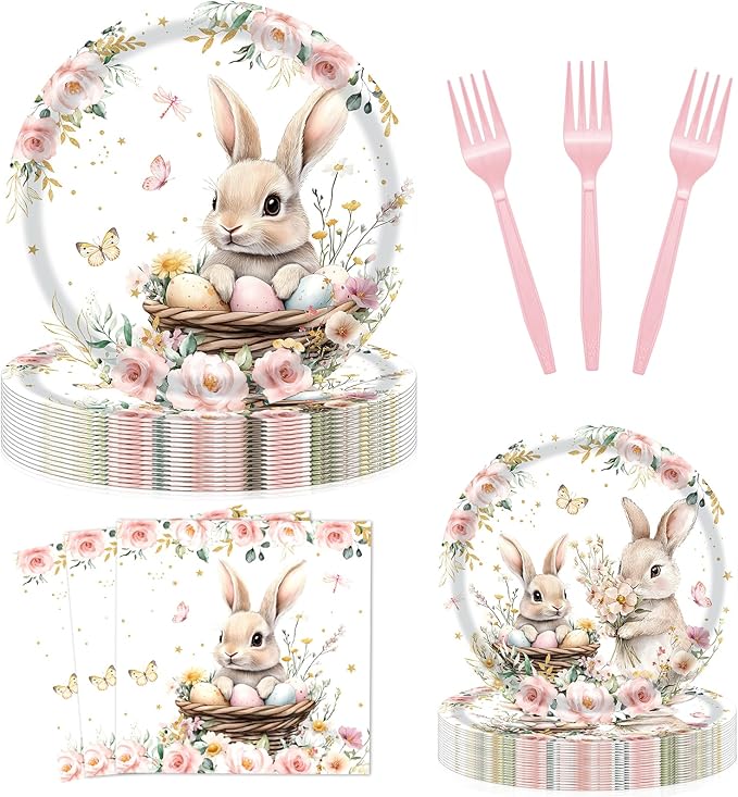 96 Pieces Easter Bunny Eggs Paper Plates and Napkins, Spring Floral Rabbit Disposable Tableware with Plates Napkins Forks for Spring Easter Party Supplies, Baby Shower Birthday Party Decor - Serves 24
