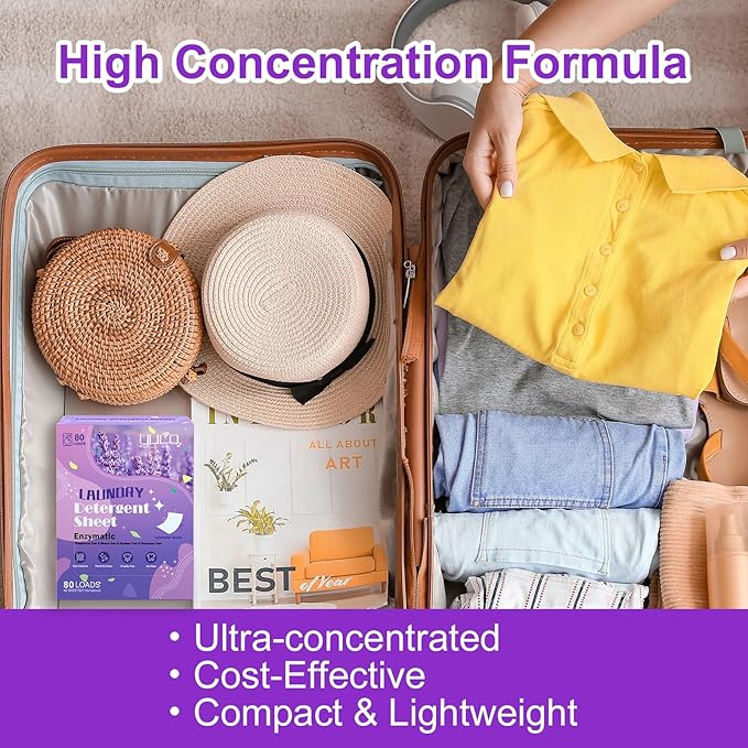 YUCO Laundry Detergent Sheets Lavender Scent 80 Loads Eco Friendly Laundry Soap Washer Sheets Liquidless Laundry Detergent Sheet for Travel No Plastic Hypoallergenic
