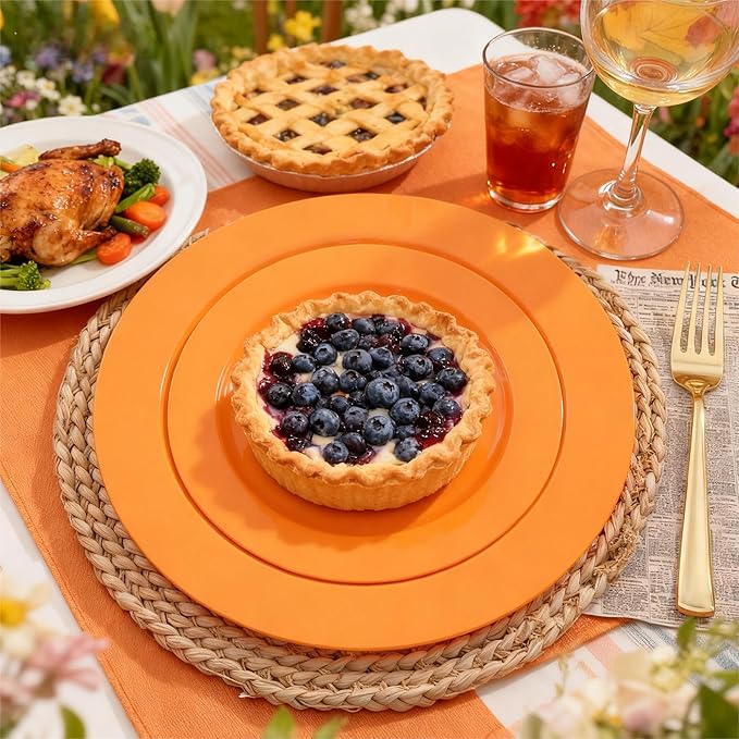 FLOWERCAT 60PCS Orange Plates - Heavy Duty Orange Plastic Plates Disposable for Easter & Spring Party - Serve 30 Guests 10.25inch and 7.5inch
