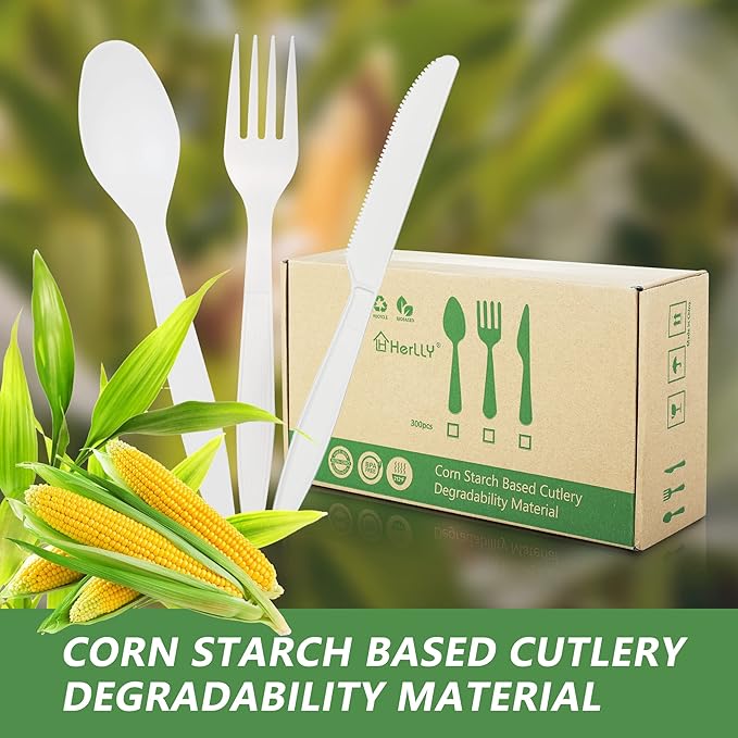 Compostable Knife, 300 Disposable Knives for Party, Large Biodegradable Eco-Friendly and Heat Resistant, Plastic Knife Alternative