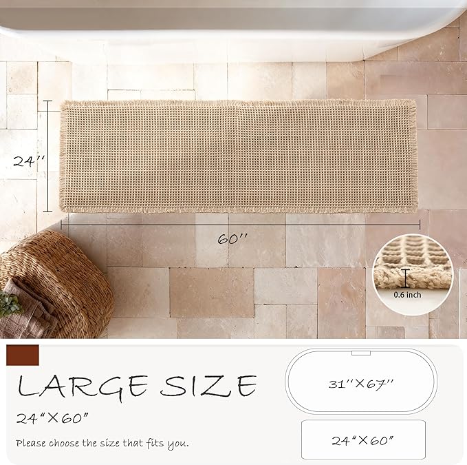 DWCN Brown Waffle Bathroom Mat, Boho Bath Rugs Super Absorbent Non Slip Bath Mats for Bathroom Floor, Ultra Soft Farmhouse Rubber Backed Shower Mats for Tub and Shower, 24 x 60 Inch
