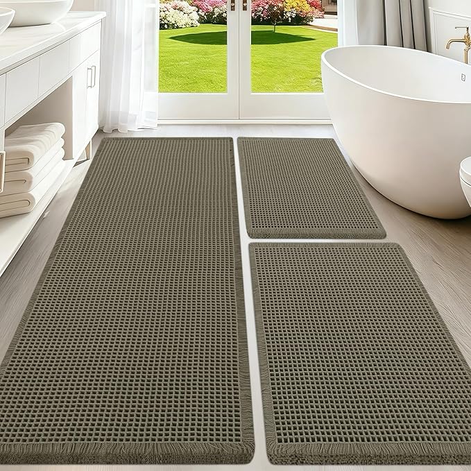 Upgraded Waffle Bath Mat Set 3 Piece Greyish Green, Super Absorbent Non-Slip Quick Dry Bathroom Rugs with Tassels, Machine Washable Ultra Soft Boho Bath Rugs for Floor, Bath Mats Boho Farmhouse Decor